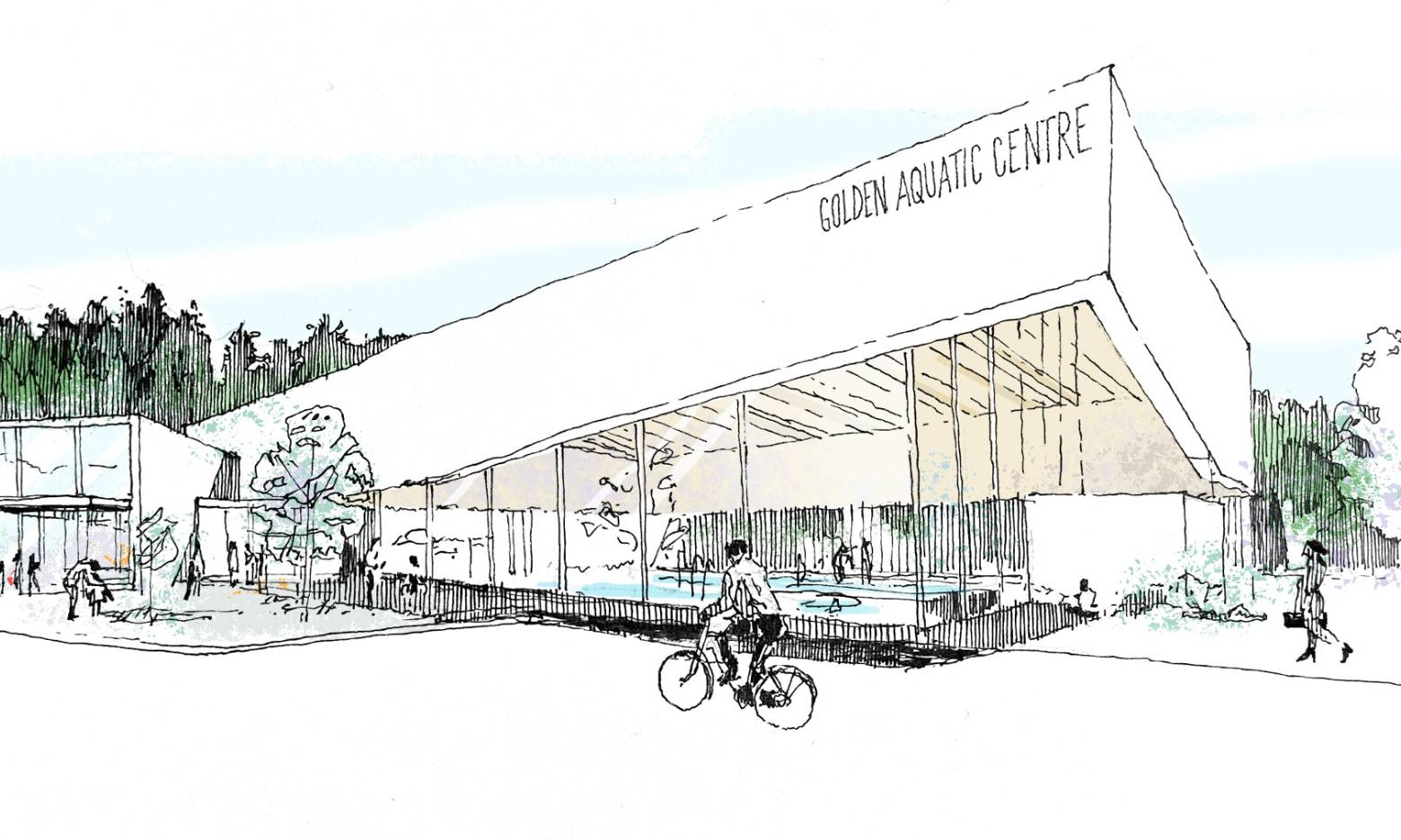 Illustration of a community centre with a pool visible through the window.