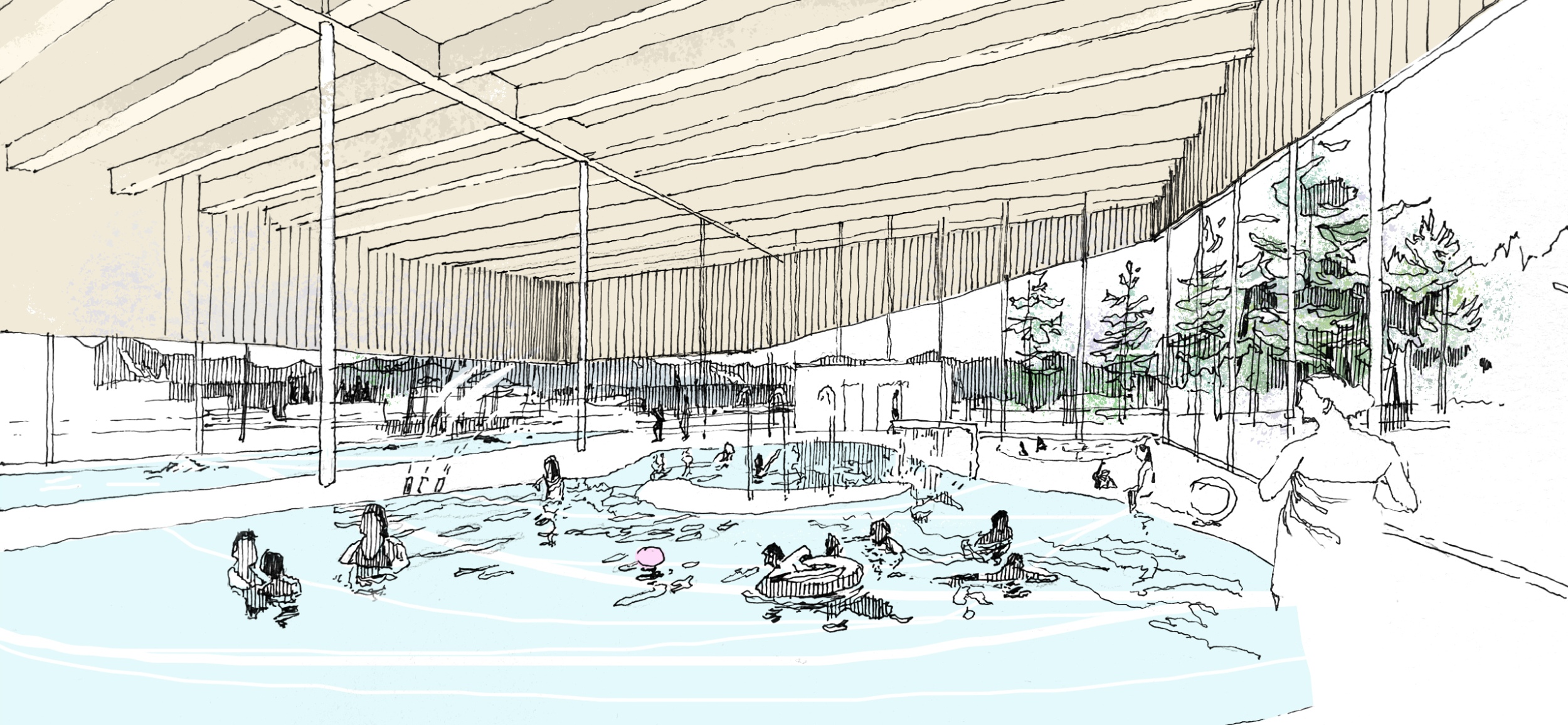 Illustration of people swimming in a pool under a ceiling made of wood.