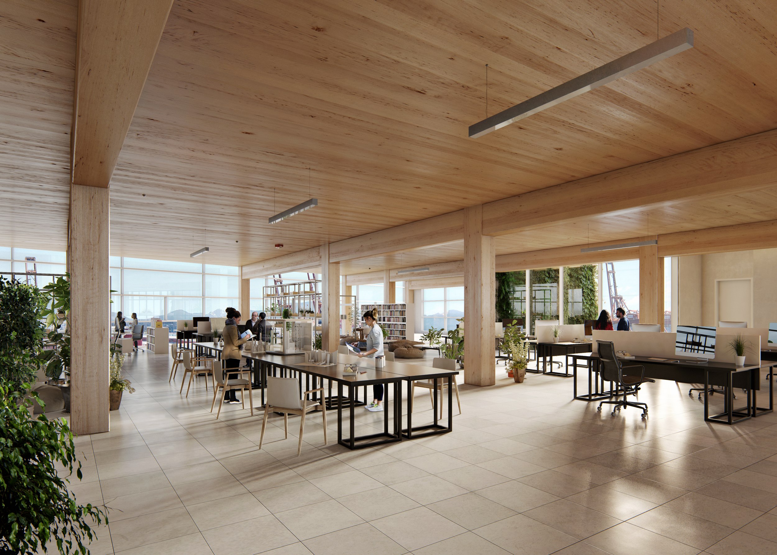 Rendering of people working in an open concept office environment. The office has a wood ceiling and wood columns.