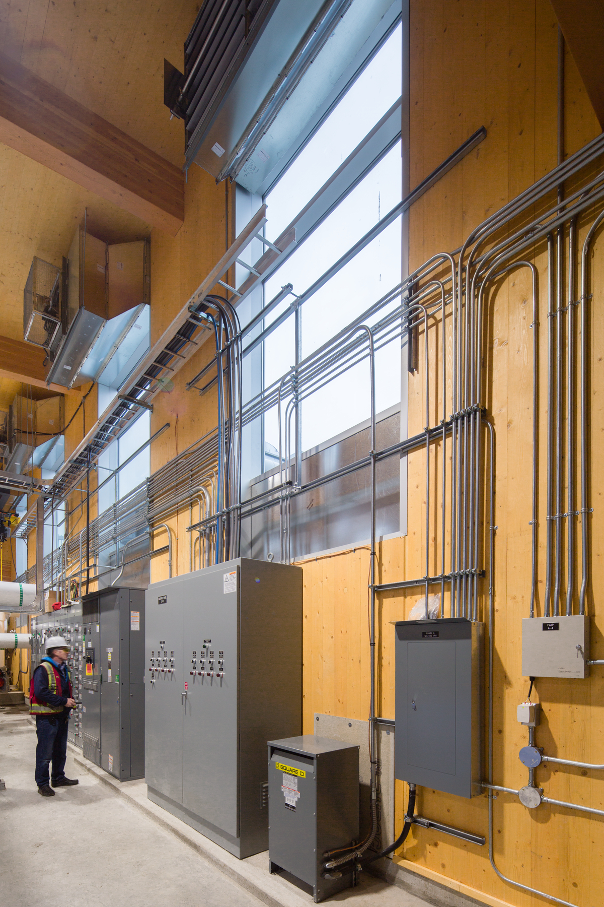 Interior daytime view of Alexandra District Energy Utility Expansion showing significant use of wood construction, including Cross-laminated timber (CLT) and Glue-laminated timber (Glulam)
