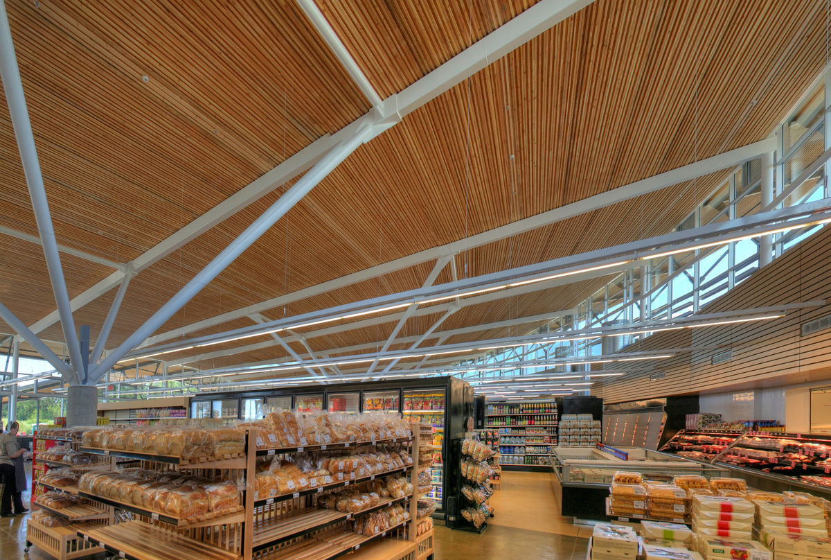 Upward interior daytime view of Askews Uptown Market featuring 3,000-square-metre floating nail-laminated timber (NLT) roof structure and hybrid steel truss work