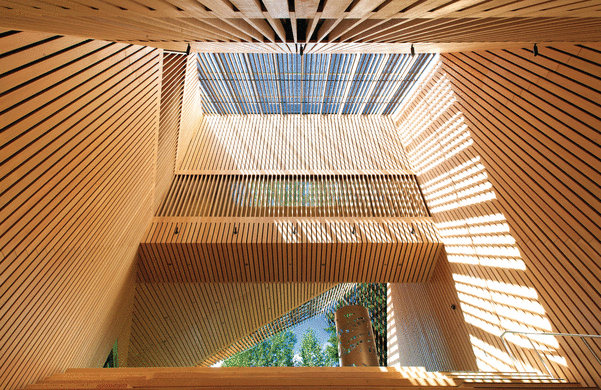 Sunny interior view of Audain Art Museum showing trapezoidal panelized prefabricated wood atrium with laminated strand lumber (LSL) and parallel strand lumber (PSL) providing accents and structure