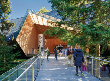 Sunny exterior view of Audain Art Museum showing trapezoidal panelized prefabricated wood roof with laminated strand lumber (LSL) and parallel strand lumber (PSL) providing sheathing and structure