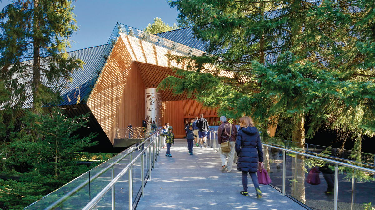 Sunny exterior view of Audain Art Museum showing trapezoidal panelized prefabricated wood roof with laminated strand lumber (LSL) and parallel strand lumber (PSL) providing sheathing and structure