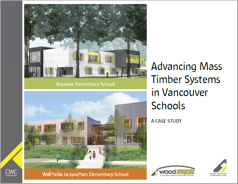 Cover page of Mass Timber in Schools report, with two school render images.