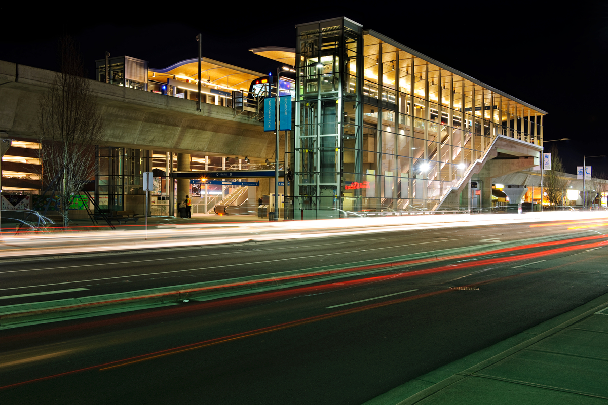 Aberdeen Canada Line Station at night with station lit up
