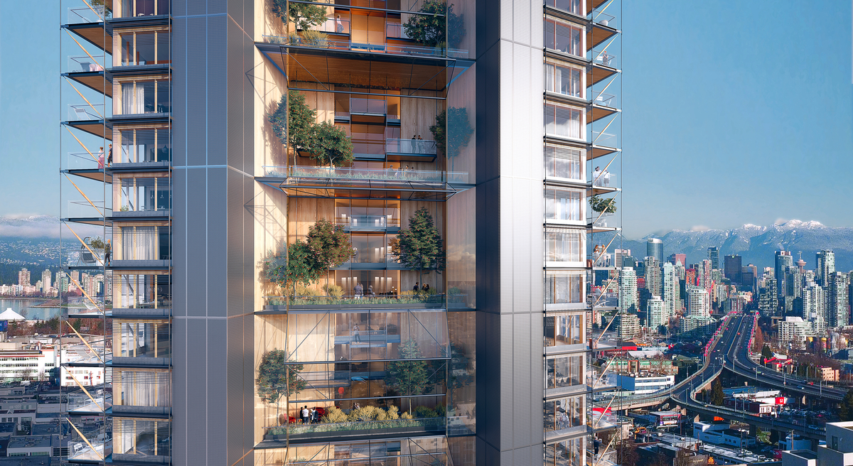 Exterior rendered view of proposed 37 storey wooden skyscraper using mass timber construction