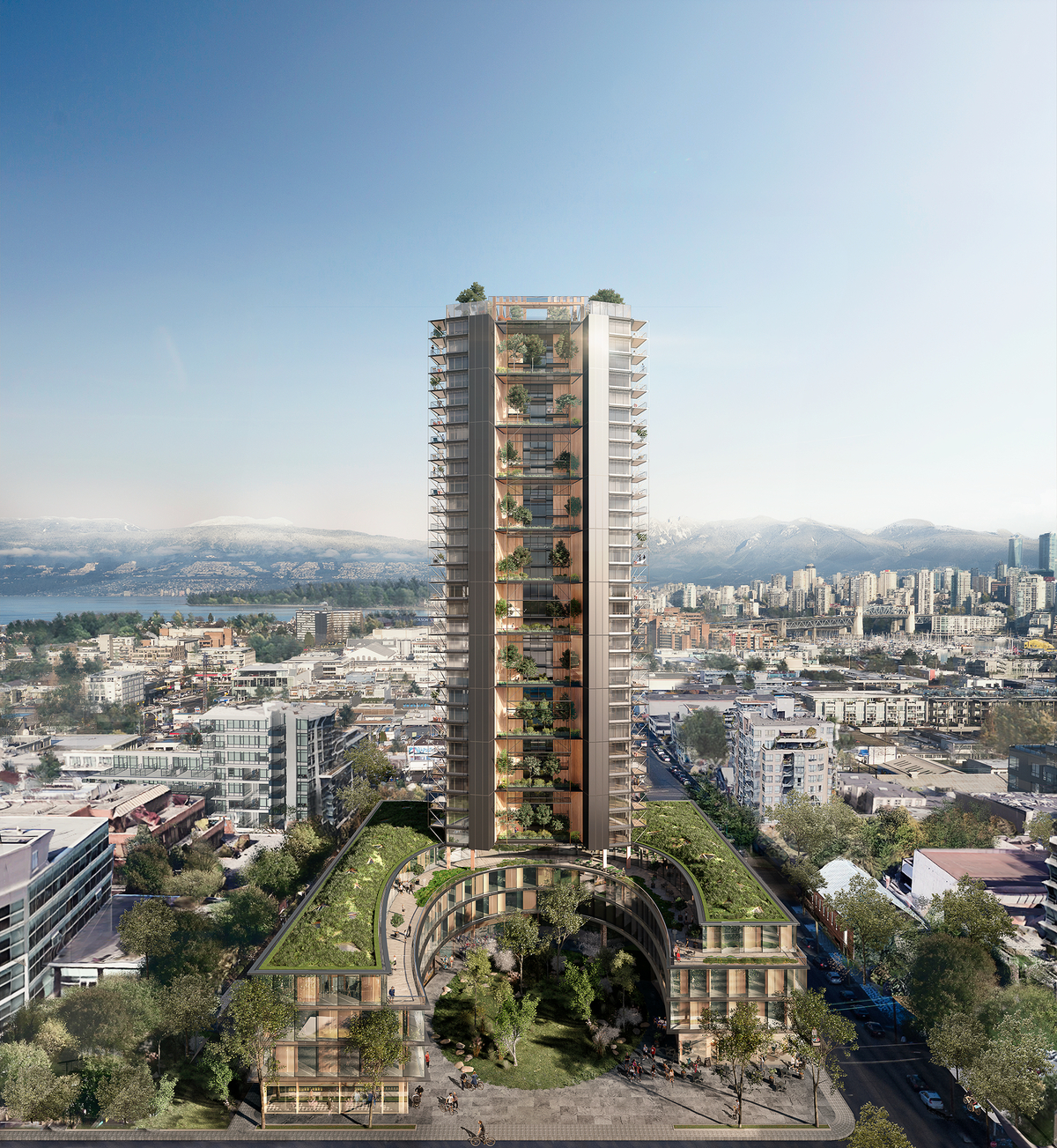 Exterior sunny daytime aerial drone rendering of Canada’s Earth Tower which will be a hybrid mass timber passive house / high performance structure including cross-laminated timber (CLT), dowel-laminated timber (DLT), glue-laminated timber (Glulam)