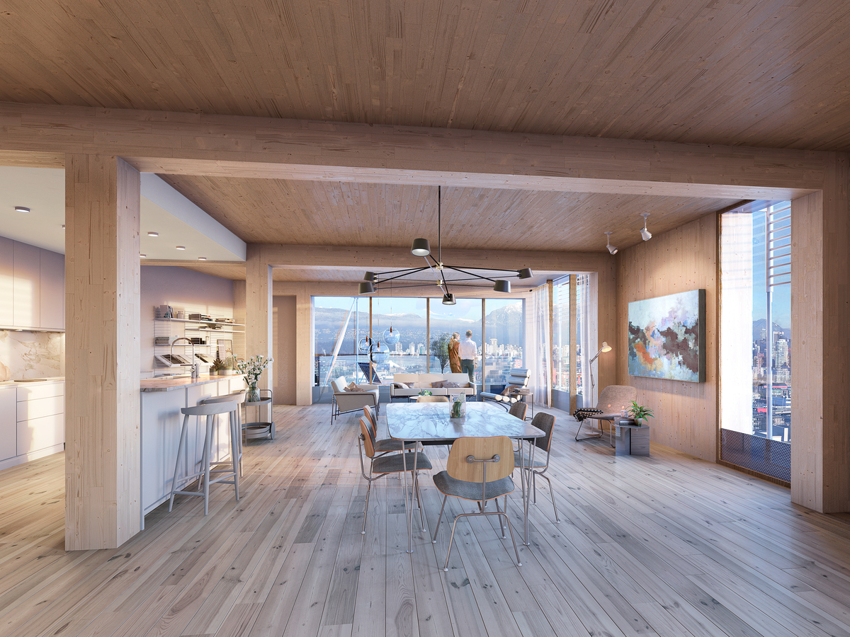 Interior sunny daytime upper level suite rendering of Canada’s Earth Tower which will be a hybrid mass timber passive house / high performance structure including cross-laminated timber (CLT), dowel-laminated timber (DLT), glue-laminated timber (Glulam)