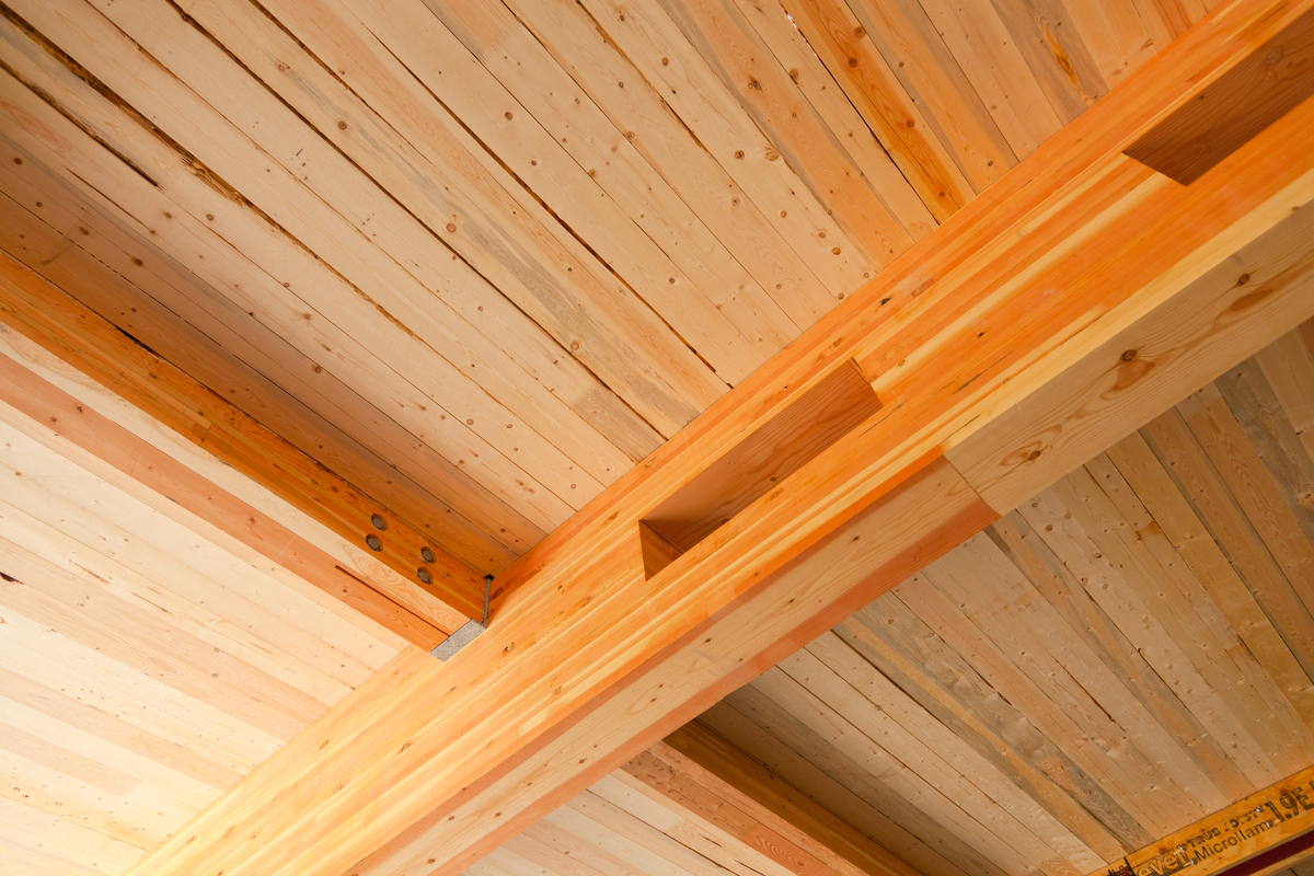 Upward daytime interior view of Cheakamus Centre Blueshore Environmental Learning Centre showing Cross-laminated timber (CLT) Glue-laminated timber (Glulam) beams supporting the plank roof system
