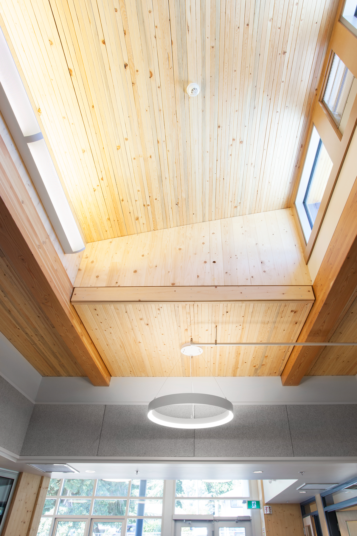 Interior daytime upward view of Cordova Bay Elementary School showing ceiling of prefabricated panelized wood building systems composed of nail-laminated timber (NLT) and cross-laminated timber (CLT)