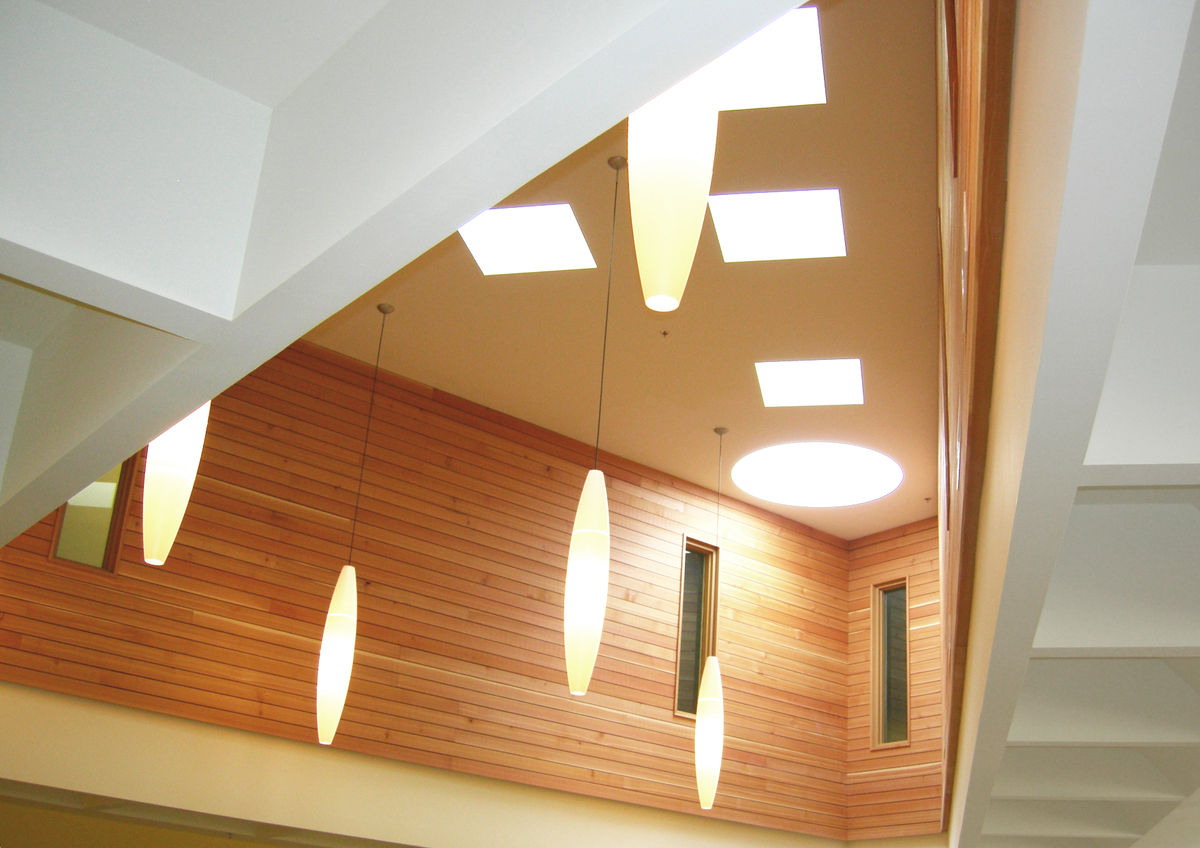 Interior upward view of Cranbrook Public Library showing wooden millwork and paneling accents in warm and welcoming raised ceiling
