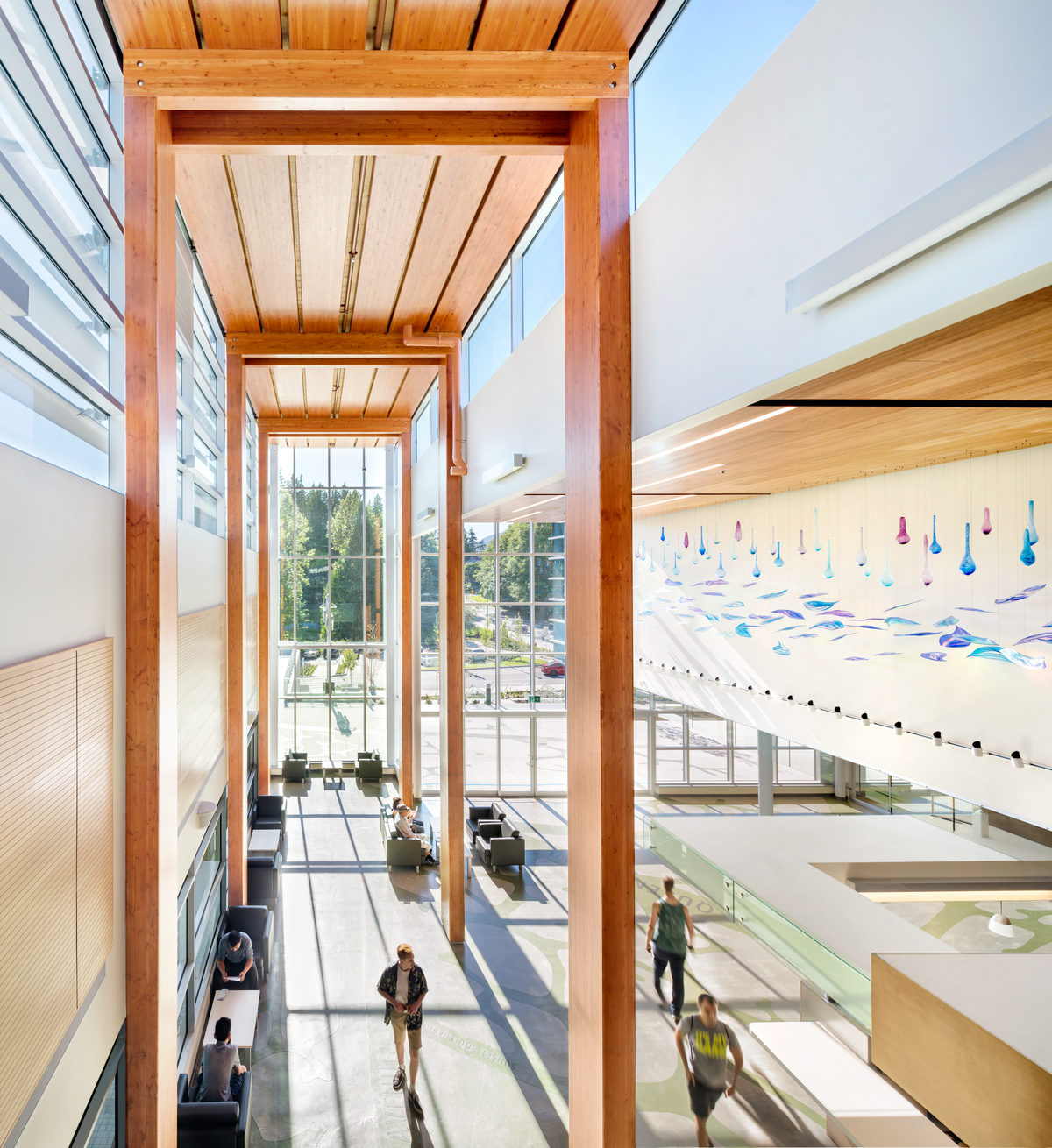 Interior sunny daytime view of people within main lobby of Delbrook Community Recreation Centre which features full glass frontage, and full height Glue-laminated timber (Glulam) columns and beams supporting wood building 'spine'