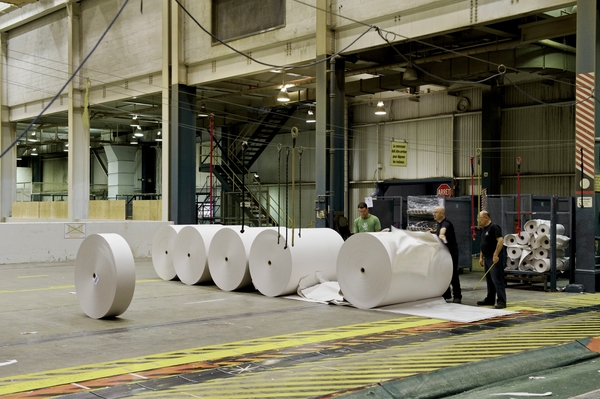 Interior daytime view of workers in paper mill adjacent rolls of paper roughly one meter in diameter