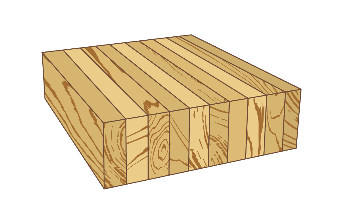 3D rendering of glue-laminated timber (glulam), a mass timber product composed of wood laminations (or “lams”) bonded together with durable, moisture-resistant adhesives