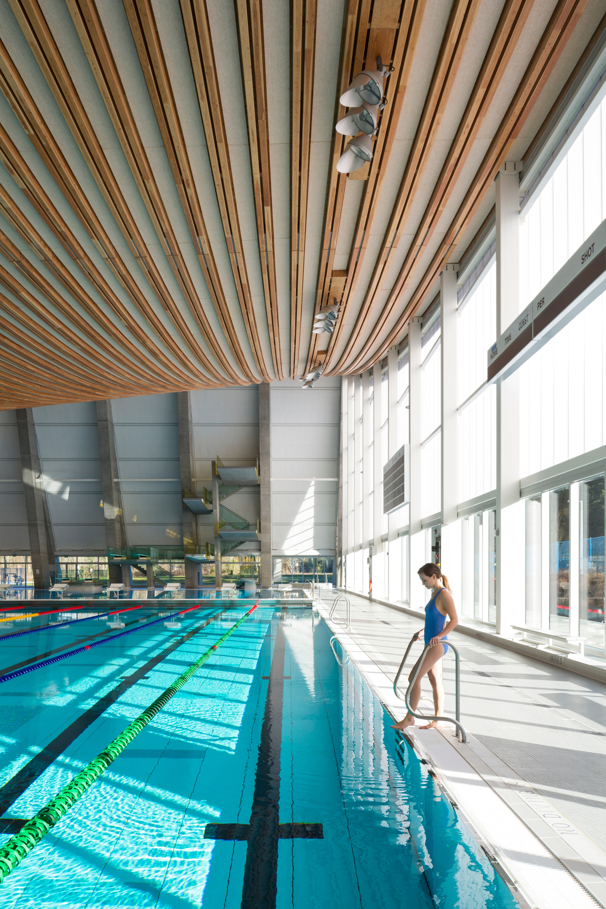 Interior daytime view of Grandview Heights Aquatic Centre long swim lap area showing swimmer about to enter water below with glulam-cable prefab roof assembly above