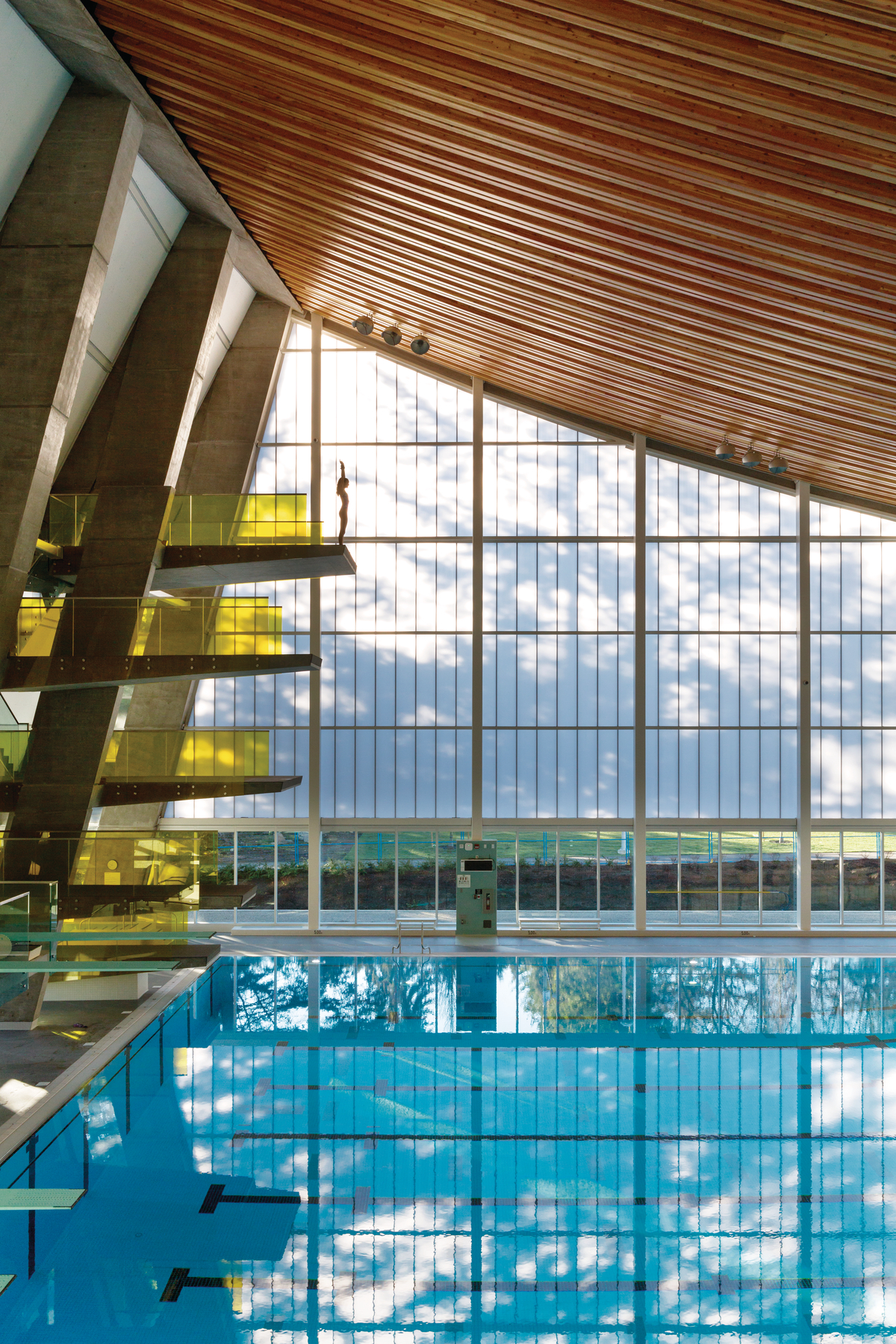Interior daytime view of Grandview Heights Aquatic Centre showing sweeping curved Glue-laminated timber (Glulam) ceiling supported by concrete columns with entire wall of glass in background and diver on 10 meter platform in foreground