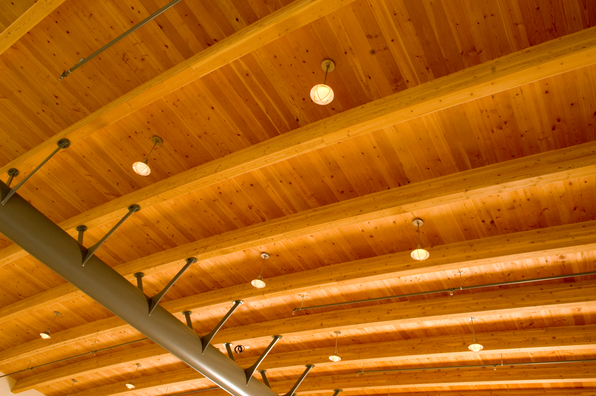 Interior close up daytime view of John M.S. Lecky UBC Boathouse ceiling, showing a combination of steel, glue-laminated timber (glulam), and lumber light frame roofing construction