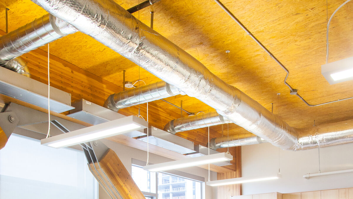 Interior daytime view of UBC Earth Sciences Building showing Laminated strand lumber (LSL) ceiling panels supported by mass timber beams and columns