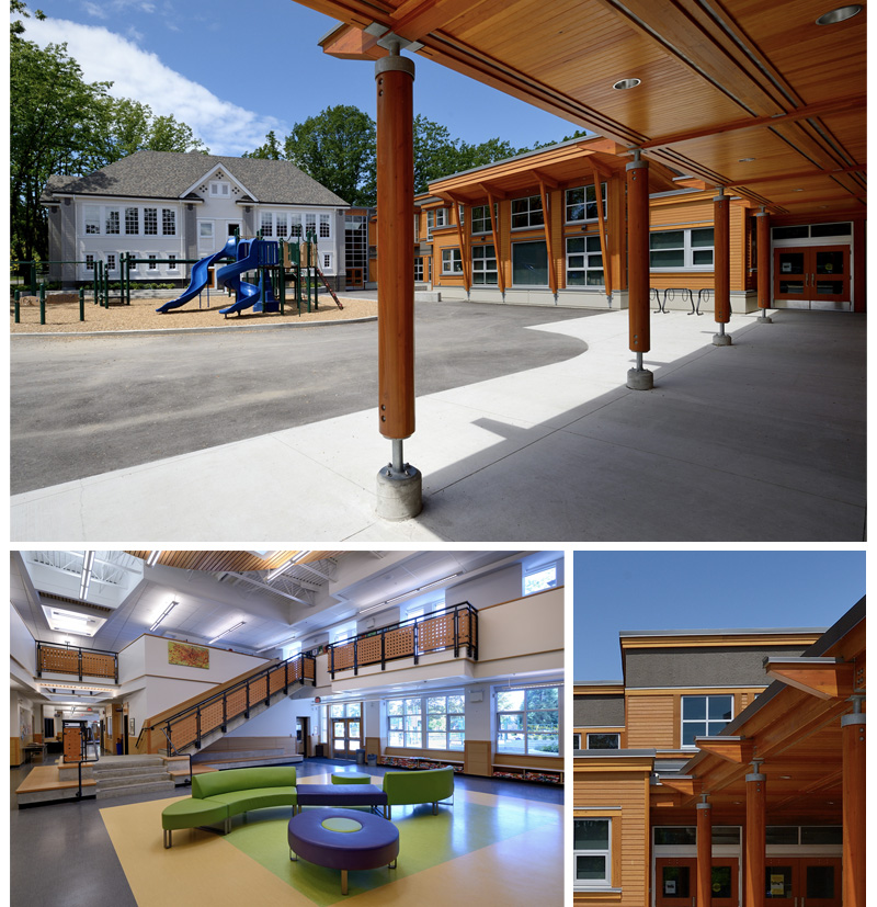 Collage of interior and exterior images of Lord Kitchener Elementary School showing exposed wood