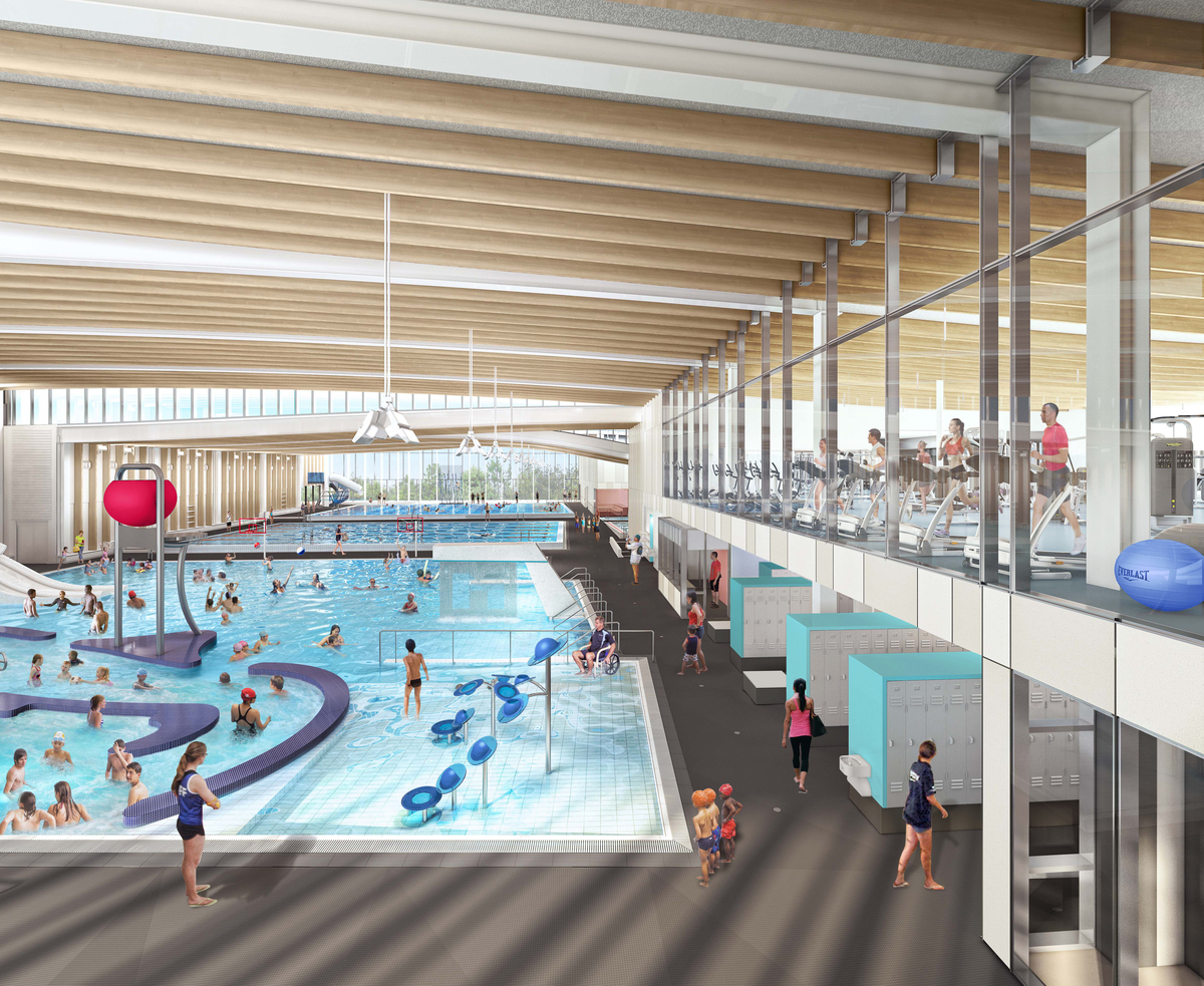 Graphically rendered interior daytime view of Minoru Centre for Active Living showing occupied swimming pool and workout areas, with glue-laminated timber (glulam) beam supported roof above
