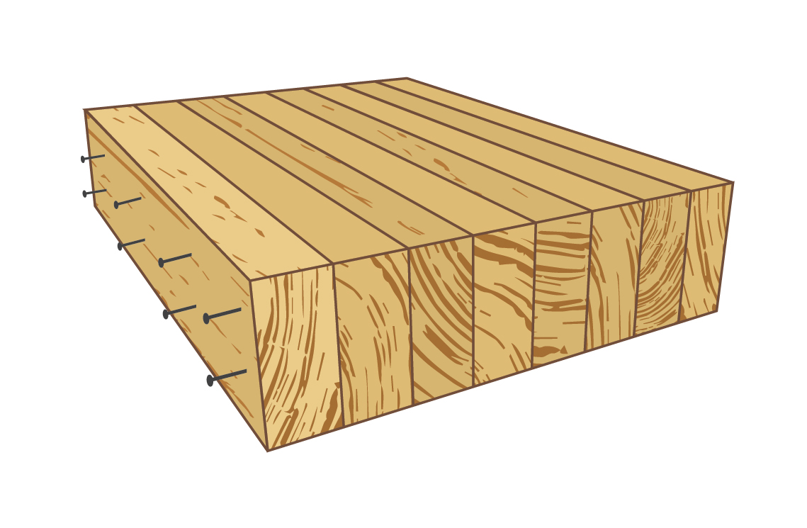 Icon drawing of Nail-laminated timber (NLT), which is made of dimension lumber stacked together on its edge and fastened together with nails