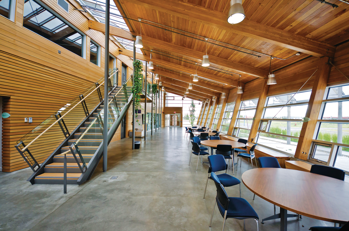 Interior daytime view of Northern Lights College Energy House showing Douglas-fir and western red cedar wood used for the tongue-and-groove ceiling millwork, wood-finished walls and glue-laminated timber (glulam) cabinetry and counters