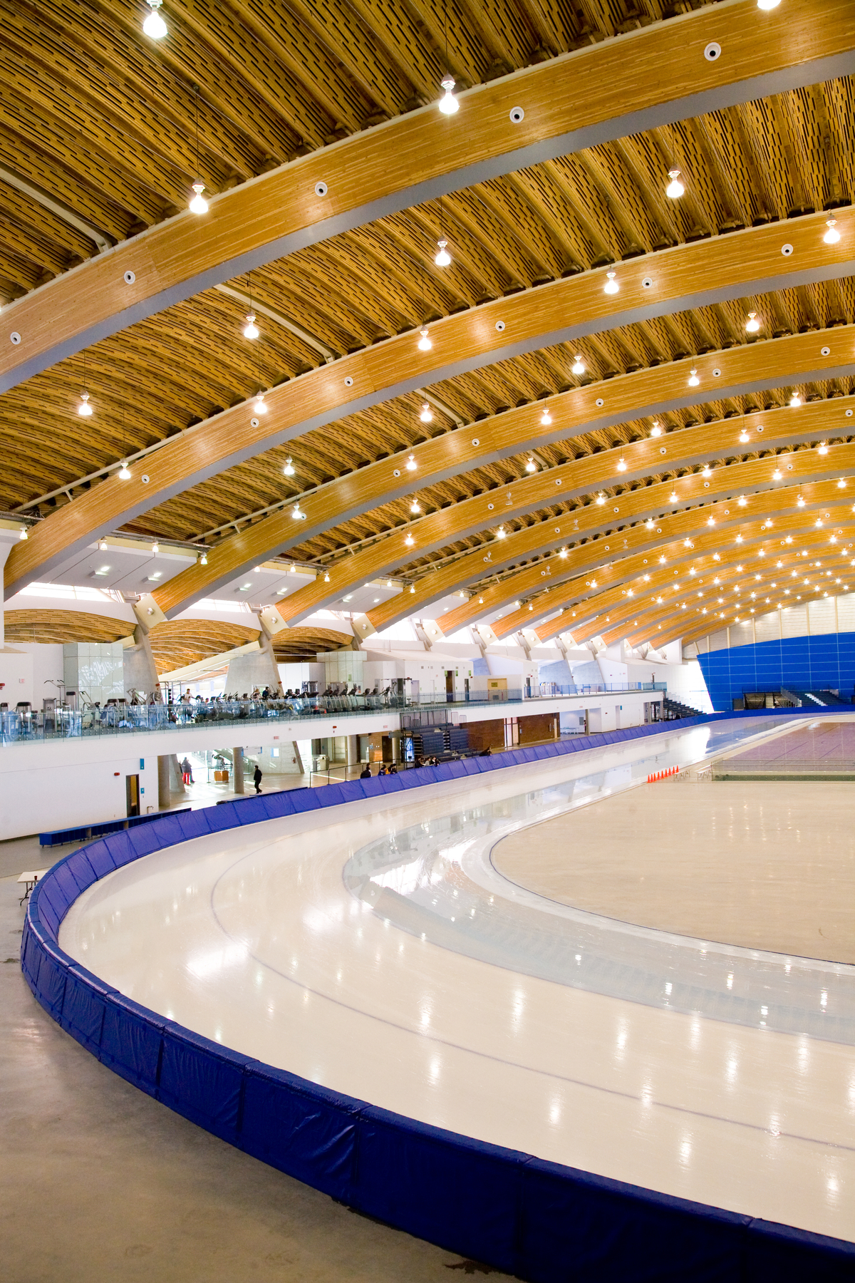 Daytime interior image of the Richmond Olympic Oval which features one of the largest wood roof spans in the world, fabricated with hybrid glue-laminated (glulam) timber-steel arches and 452 WoodWave panels that used wood salvaged from pine beetle-killed forests
