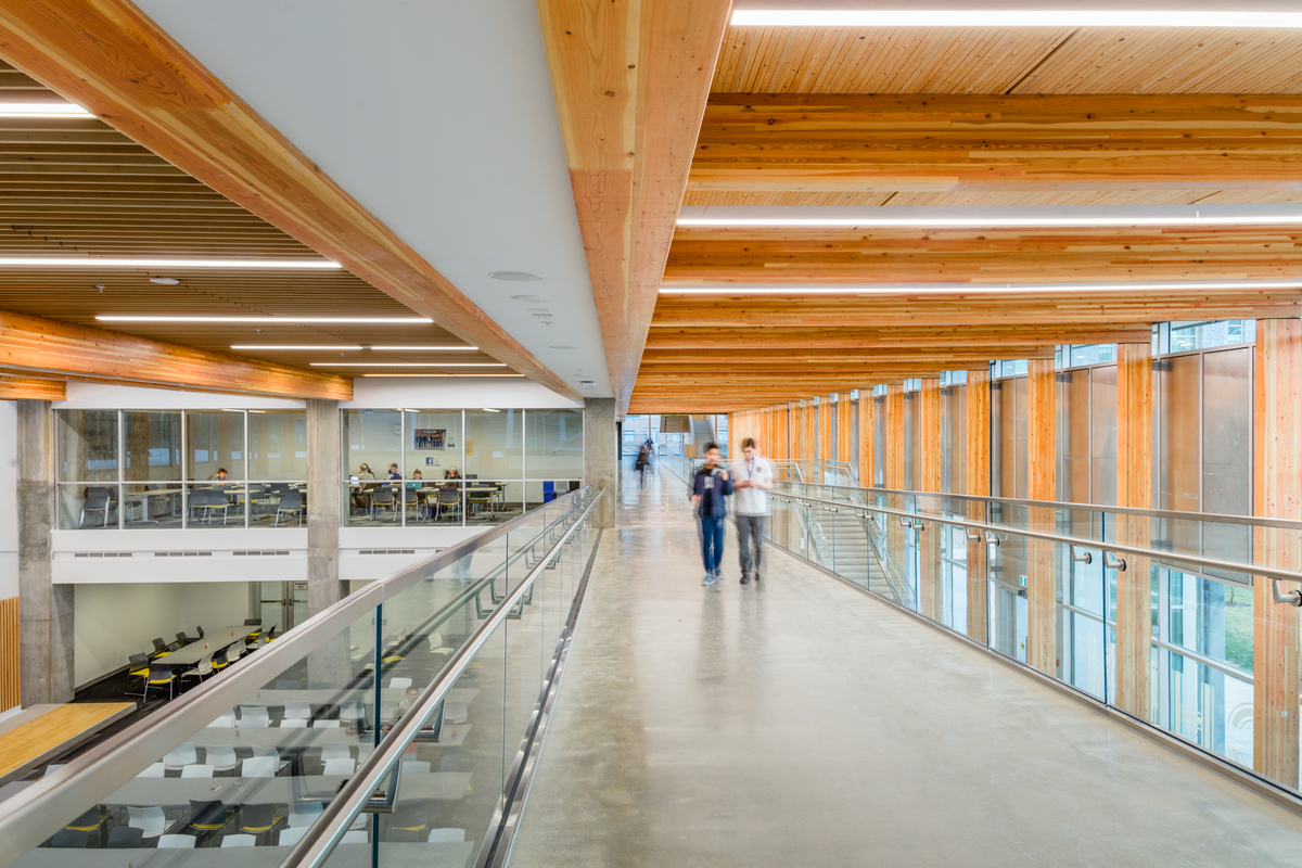 Nail Laminated Timber (NLT) and decorative wood trim, as featured in UBC Campus, Orchard Commons bldg.