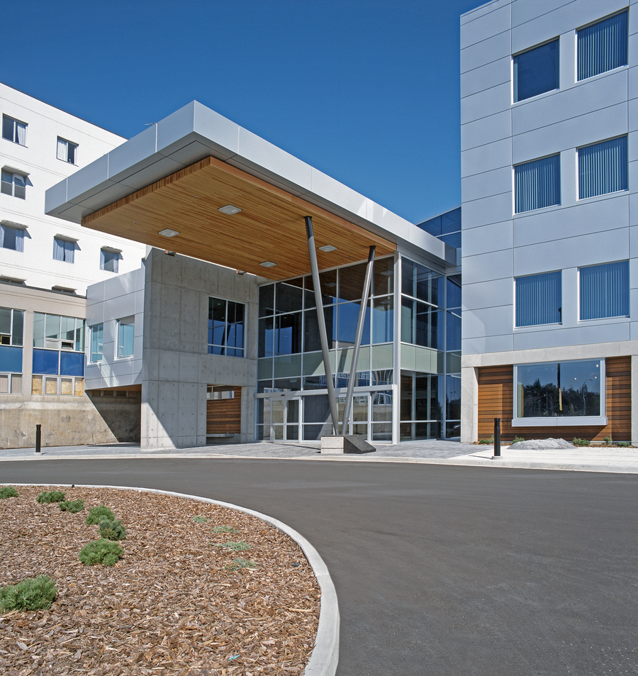 Prince George Hospital exterior showing cantilevered entryway with wood under the cover