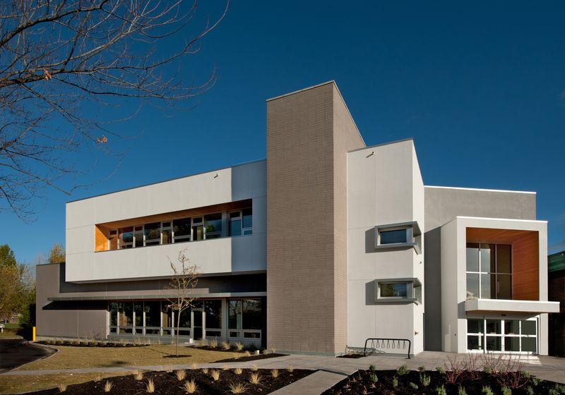 Exterior Parkinson Activity Centre a white angluar building with wood exterior accents