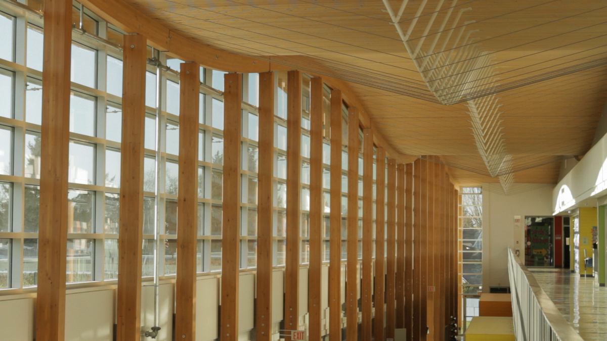 Interior sunny daytime view of Samuel Brighouse Elementary School highlighting undulating nail-laminated timber (NLT) wood ceiling supported by post + beam columns