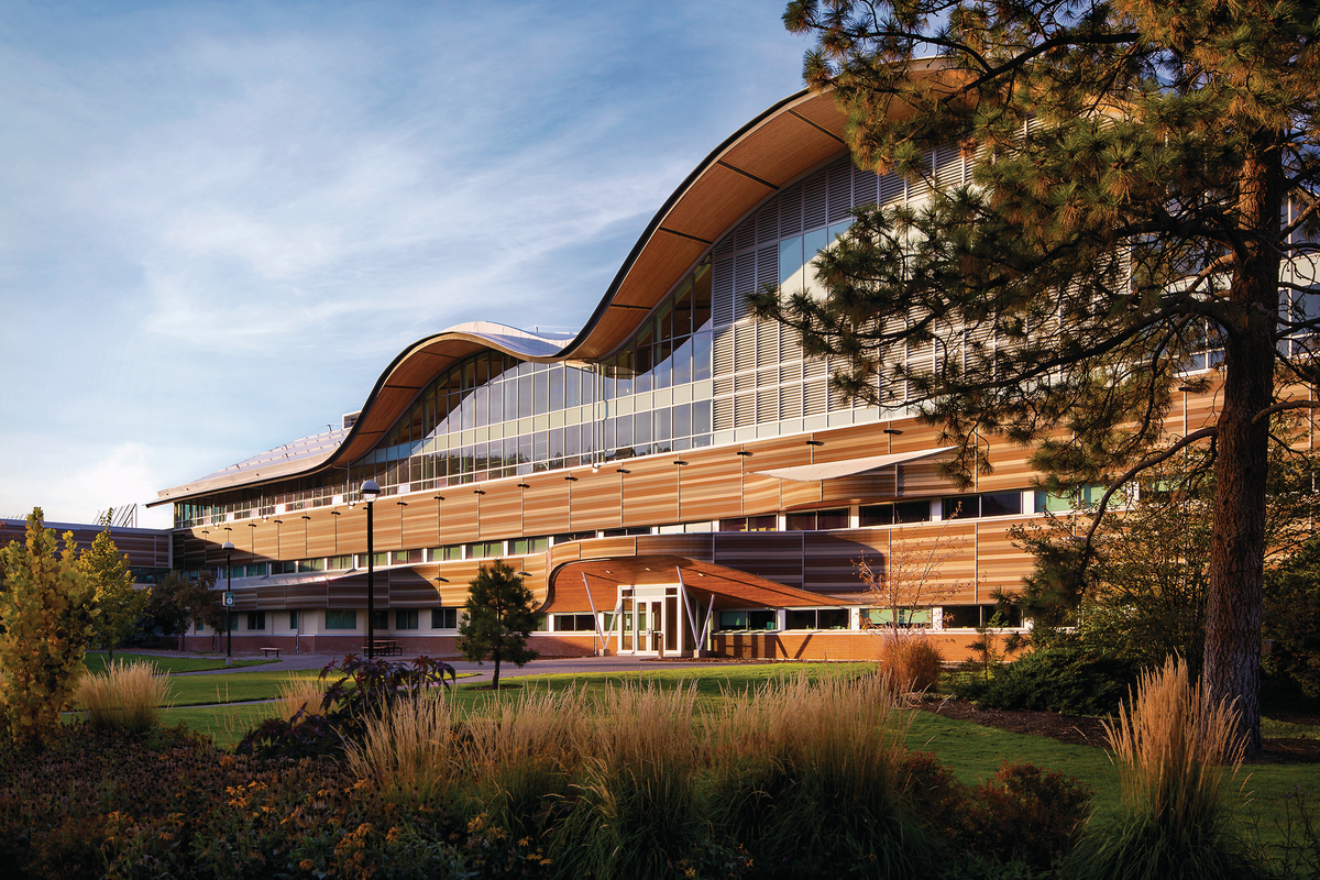 Exterior afternoon view of low rise Thompson Rivers University Law School showing undulating stylized wooden roof and prefabricated exterior wooden paneling