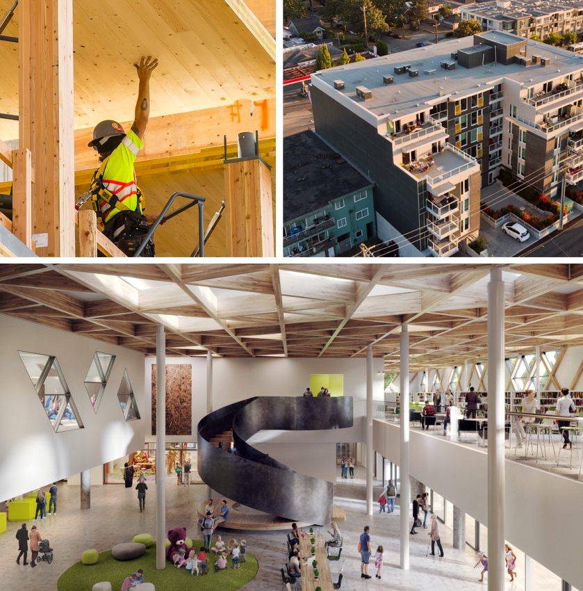 Collage of 3 images, top left: horizontal CLT panel placement during construction of Brock commons; top right, aerial drone view of completed multi storey mass timber residential structure; bottom: helical staircase shown in educational setting