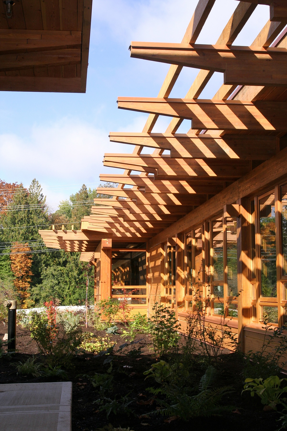glue-laminated timber (glulam), millwork, paneling, and siding are all show in this sunny exterior image of the Tseshaht Tribal Multiplex and Health Centre which highlights the abundant use of exterior wood for the window trim, roof trusses, eves, and more