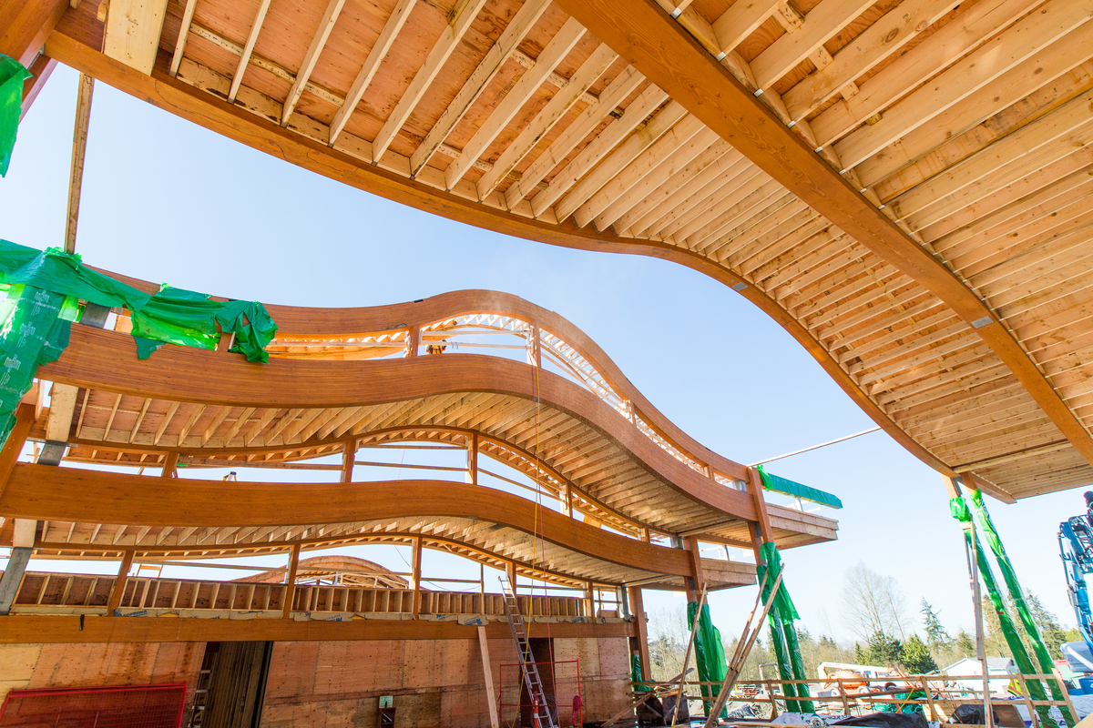 glue-laminated timber (Glulam), Lumber, Millwork, and plywood are all featured in this sunny daytime early construction image of Tsleil-Waututh Administration & Health Centre which highlights the extensive use of structural mass timber and light frame construction