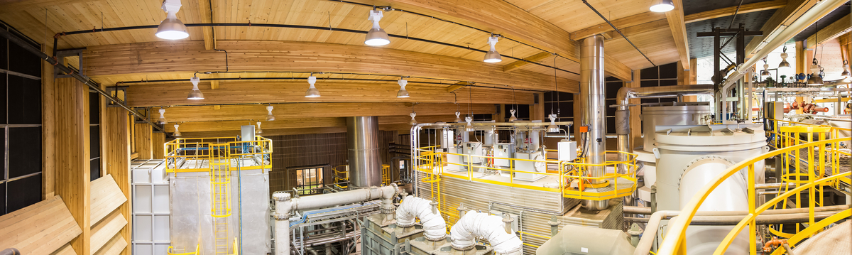 Exposed structure of engineered wood, including cross-laminated timber (CLT) roof panels and full span glue-laminated timber (Glulam) roof beams, are shown in this daytime interior image of the UBC Bioenergy Research building