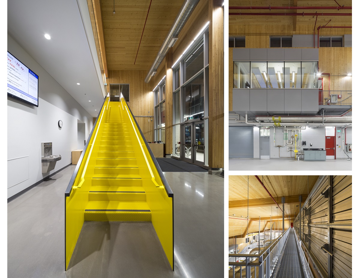 A 3 image collage, highlighting mass timber use in the UBC Campus Energy Centre is shown and includes: bright yellow stairwell with surrounding walls and ceiling of CLT, equipment floor view showing CLT, and upper gantry view showing CLT roof and Glulam beams