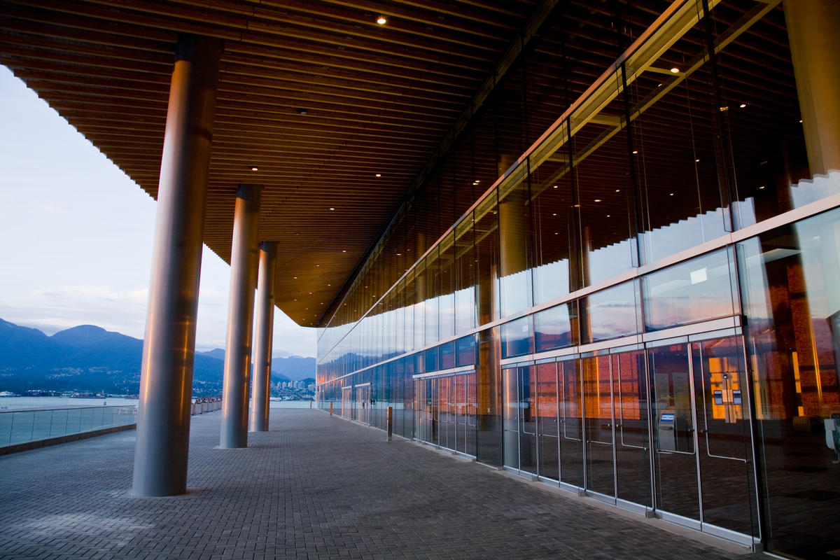 On edge dimensional lumber exterior ceiling soffit and walkway cover is shown adjacent the glazed exterior wall of the Vancouver Convention Centre West Building