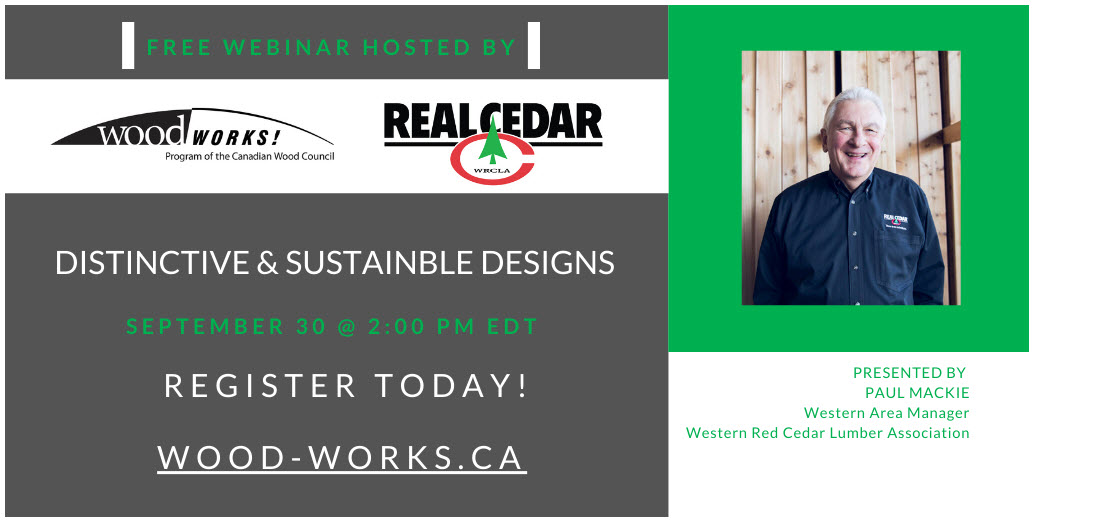 Western red cedar webinar title image "Distinctive & Sustainable Designs"