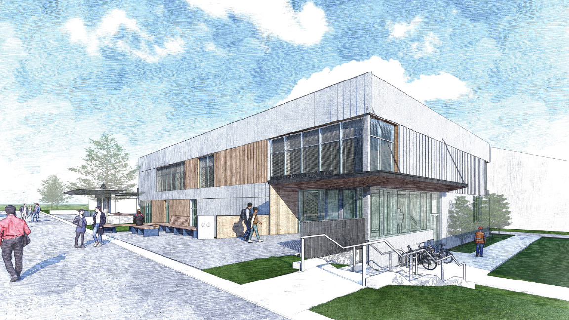 Artistic sketch of the Robert Bosa Carpentry Pavilion at BCIT