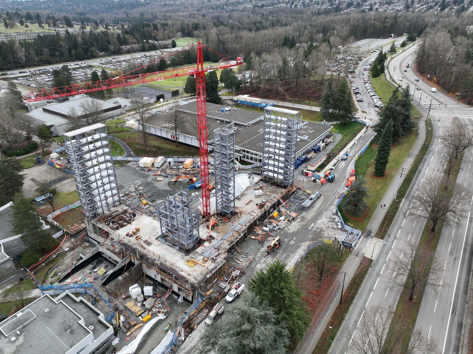 Drone shot of the ongoing construction of the tall timber student housing on BCIT Burnaby campus