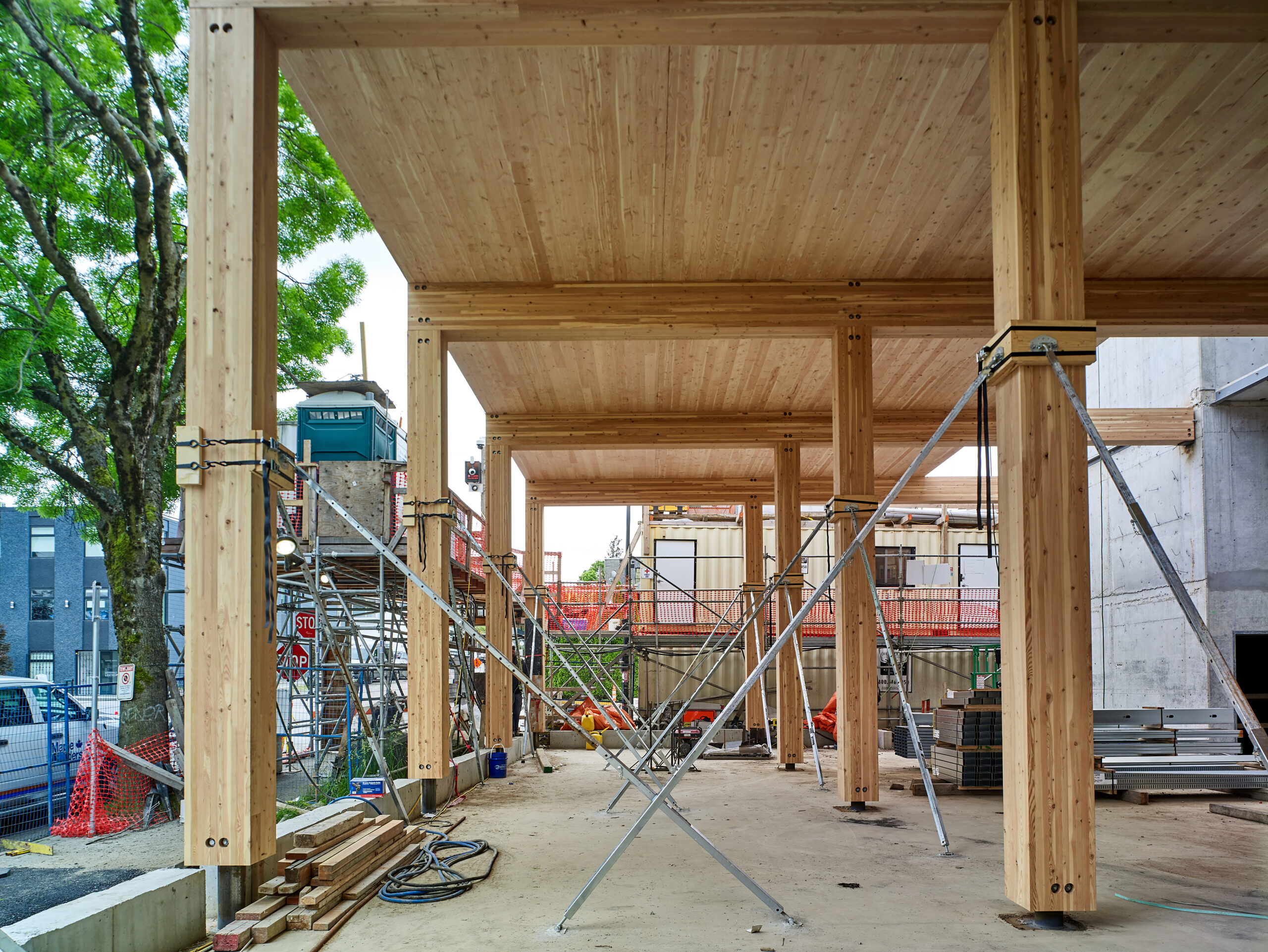 Man 6 construction ground floor - glulam columns and beams, CLT panel decking
