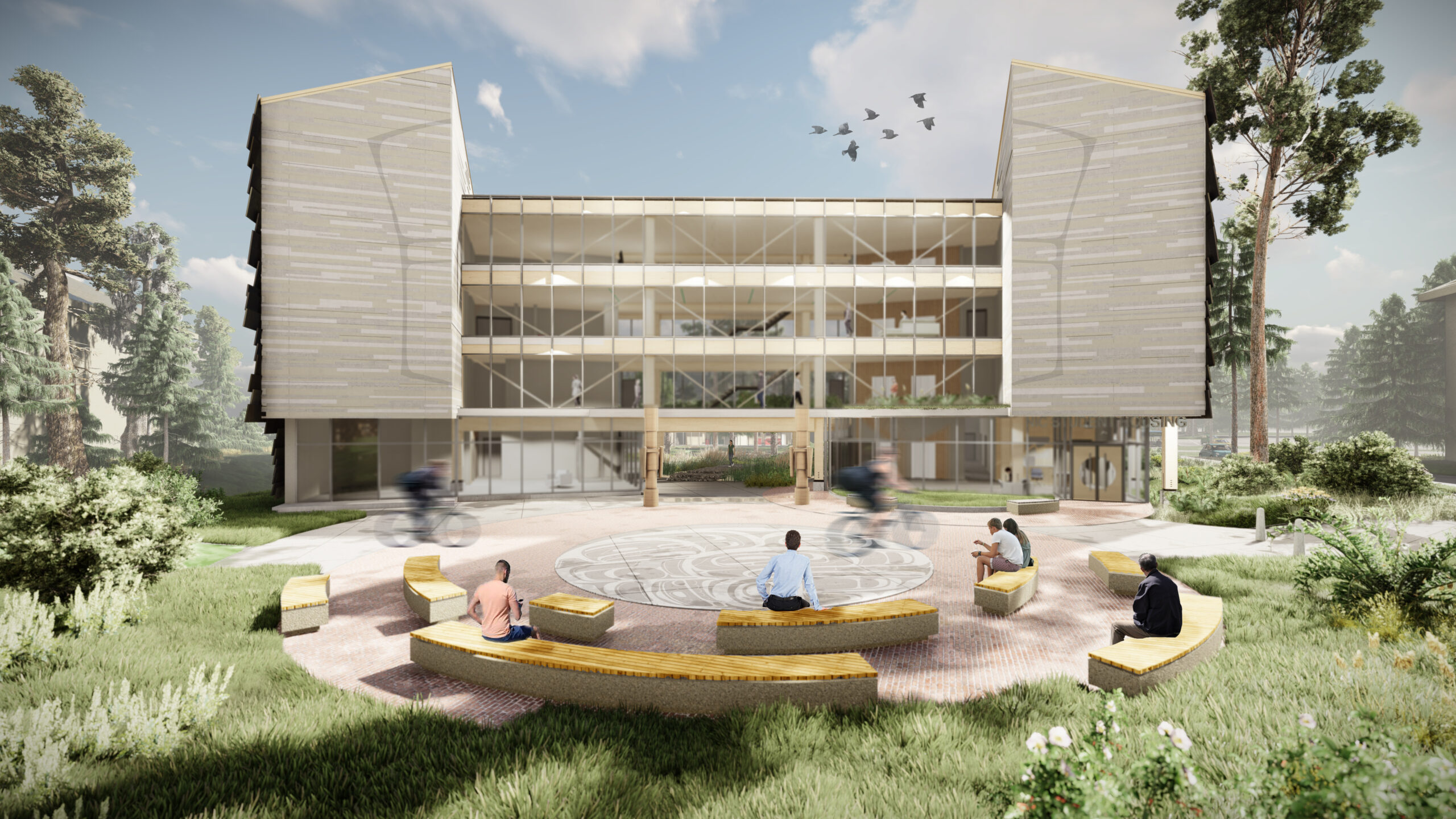Rendering of the 'Knowledge Bridge' and front exterior of NIC's Student Housing Commons