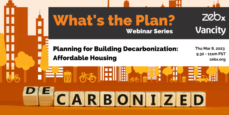 Digital ad with illustration of city, high-rise buildings and trees in the background. Then the word "decarbonized" imprinted on wood cubes, and a banner with the event info.